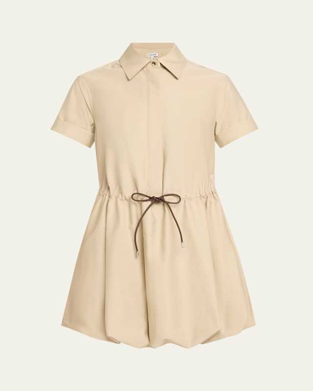 Short-Sleeve Cinched-Waist Mini Bubble Shirtdress